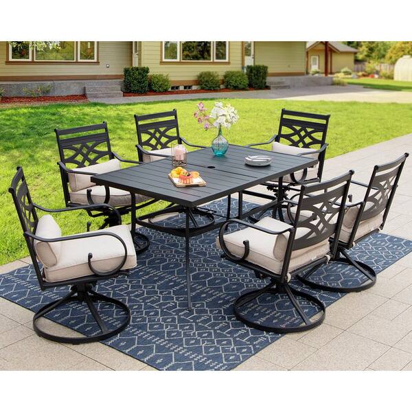 PHI VILLA 7-Piece Metal Outdoor Dining Set with Beige Cushions Swivel Rockers and Steel Rectangle Dining Table