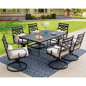 7-Piece Metal Outdoor Dining Set with Beige Cushions and Steel Rectangle Dining Table