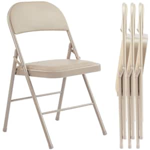 4-Pieces Outdoor Patio Folding Chairs, Leather Padded Foldable Chairs, Beige