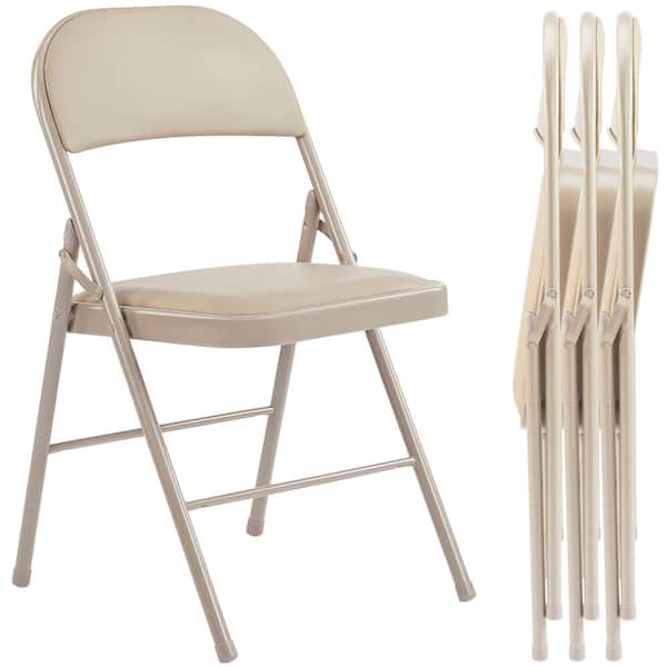 MEOOEM 4-Pieces Outdoor Patio Folding Chairs, Leather Padded Foldable Chairs, Beige