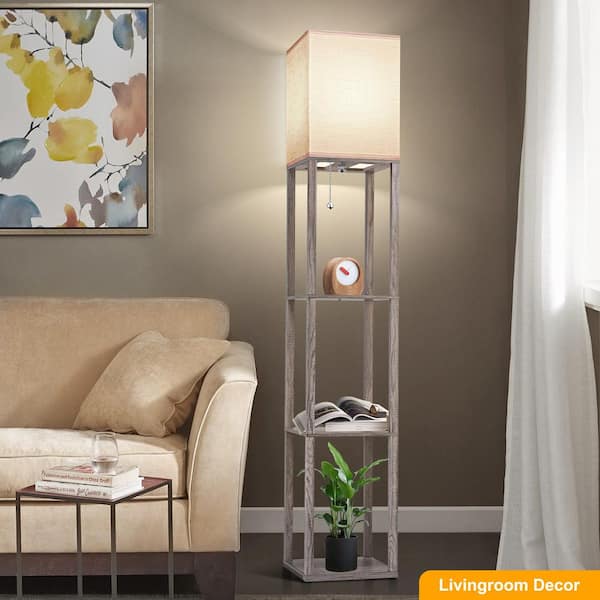 63in Oak Gray Modern Column Floor Lamp with Shelves with 3 CCT LED Bulb for living romm, with White Linen Shade