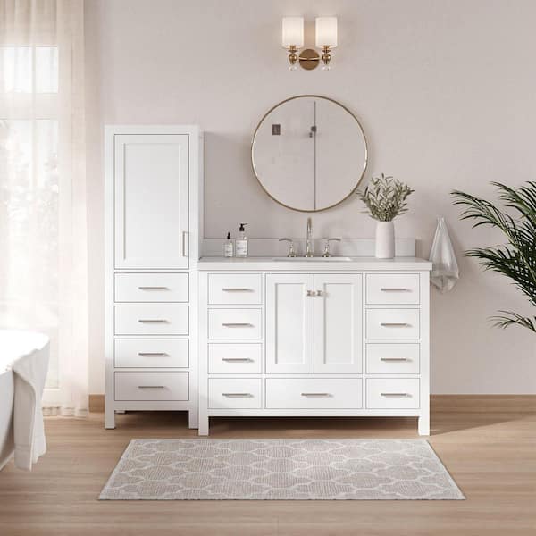 Cambridge 49 in. Single Sink Bath Vanity with Pure White Quartz Top and Linen Cabinet in White
