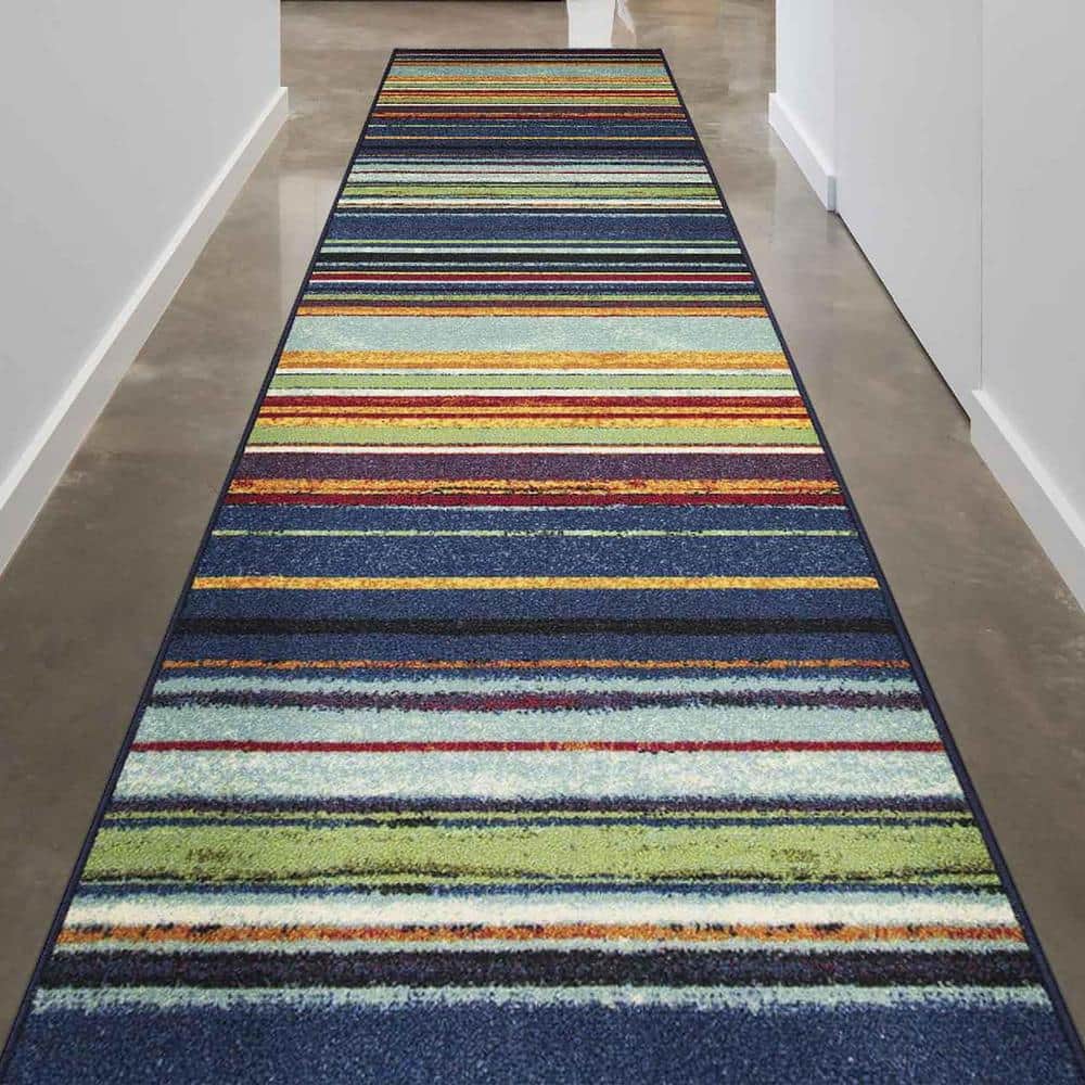 Multicolor Striped Non-Slip Synthetic Runner Rug, 2'7" x 9'10"