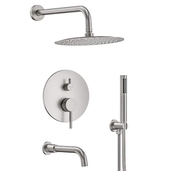 Double Handles 3-Spray 2.5 GPM Wall Mount 10 in. Shower Head Tub and Shower Faucet in Brushed Nickel (Valve Included)