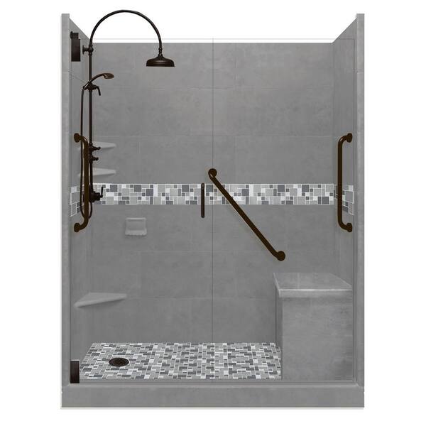 American Bath Factory Newport Freedom Luxe Hinged 42 in. x 60 in. Left Drain Alcove Shower in Wet Cement and Black Pipe Faucet/Hardware