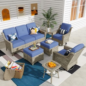 Leila 6-Piece Wicker Patio Conversation Seating Sofa Set with Blue Cushions and Swivel Rocking Chairs