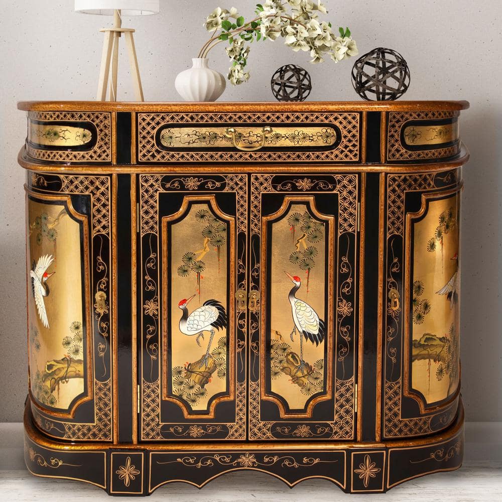 Gold Lacquer Hand-Painted Cranes Solid Wood Accent Cabinet