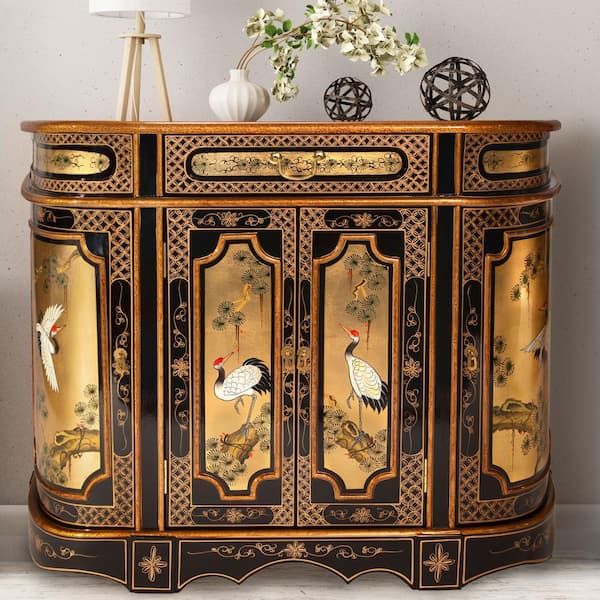 Oriental Furniture Gold Lacquer Cranes Accent Cabinet