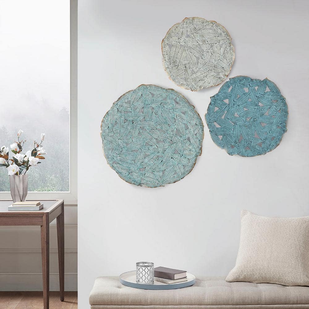 Metal Blue Textured Feather 3-Piece Metal Disc Wall Decor Set with Hooks, f