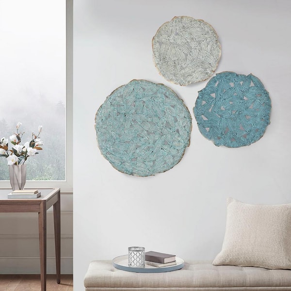 Unbranded Metal Blue Textured Feather 3-Piece Metal Disc Wall Decor Set with Hooks, for Living Room, Dining Room, Office