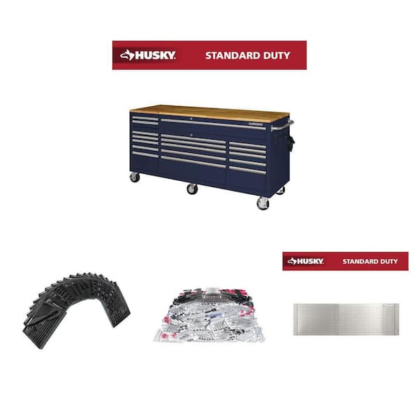 SAE/Metric 1025-Piece Tool Set, 52-72 in. Pegboard, 72 in. Blue Workbench & EVA Foam Trays Combo (19-Trays)