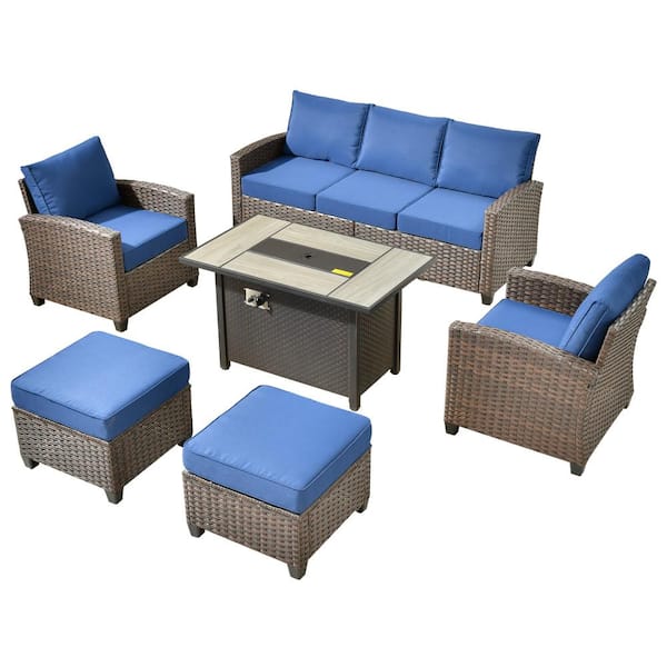 Palermo Brown 6-Piece Wicker Outdoor Modular Patio Furniture Sofa Set with Metal Fire Pit and Navy-Blue Cushions