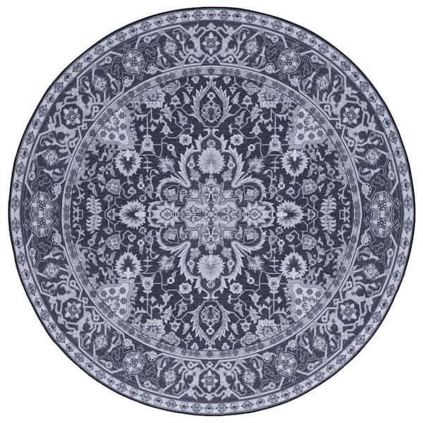 SAFAVIEH Tucson Black/Beige 6 ft. x 6 ft. Machine Washable Medallion Floral Border Distressed Round Area Rug