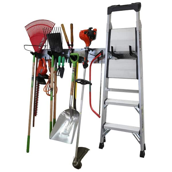 8 in. H x 64 in. W Garage Tool Storage Lawn and Garden Tool Organizer Rack with Galvanized Steel Pegboard and Black Hook