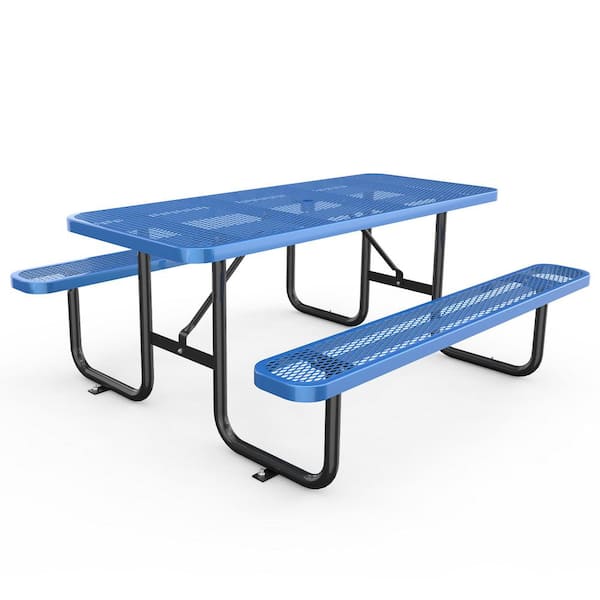 AUTMOON 72 in. Rectangle Steel Picnic Table for Outdoor, Patio Furniture Set with Umbrella Hole, Blue