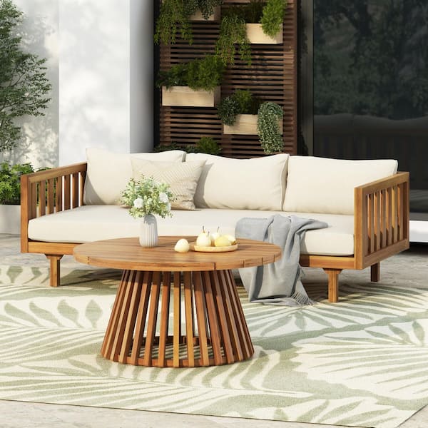 CHRISTOPHER KNIGHT HOME Dylan Teak Finish 2-Piece Solid Wood Outdoor Patio Conversation Set with Beige Cushions, 3-Seater Daybed and Table