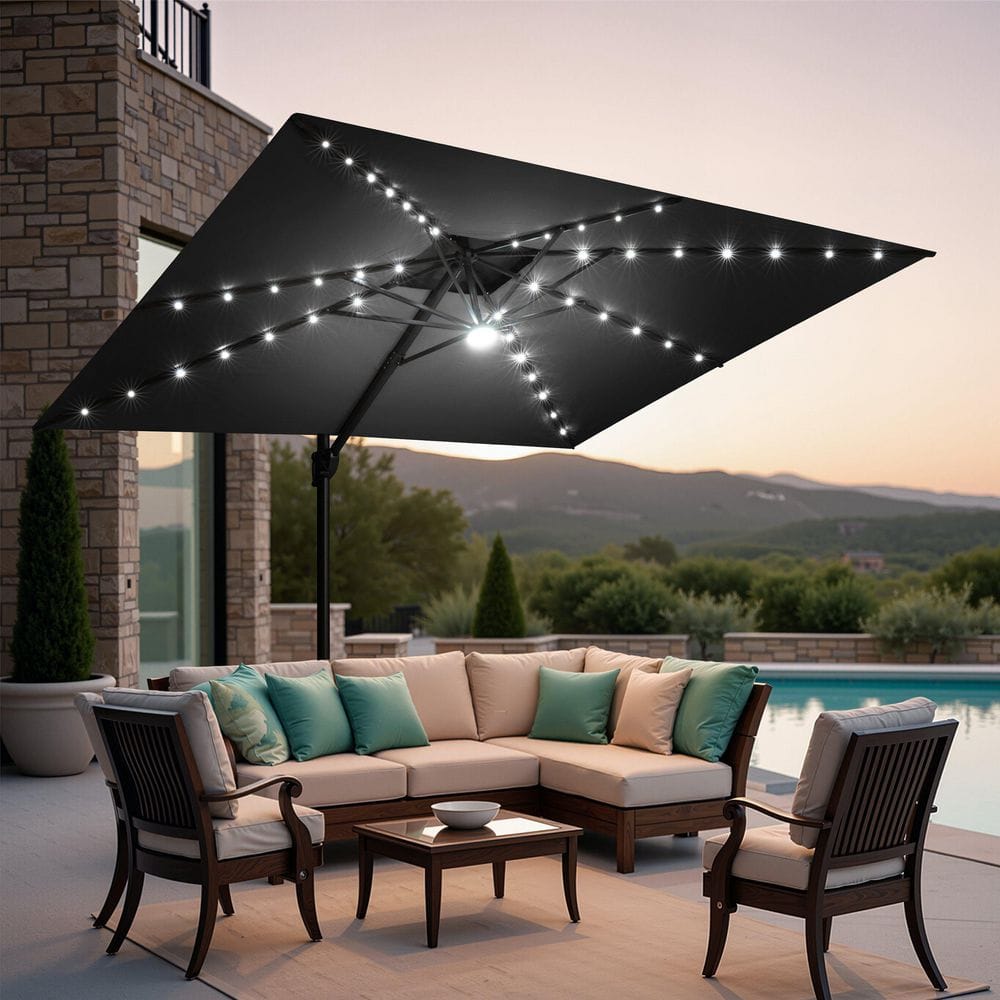 9 ft. x 11 ft. LED Rectangular Swivel Double Cantilever Tilt Patio Umbrella in Black price history on PriceWatchPro