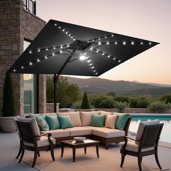 9 foot lighted offset patio umbrella 11 ft. x 9 ft. Solar Lighted Cantilever Patio Umbrella in Black 360° Rotation Outdoor Offset Umbrella with Cross Stand