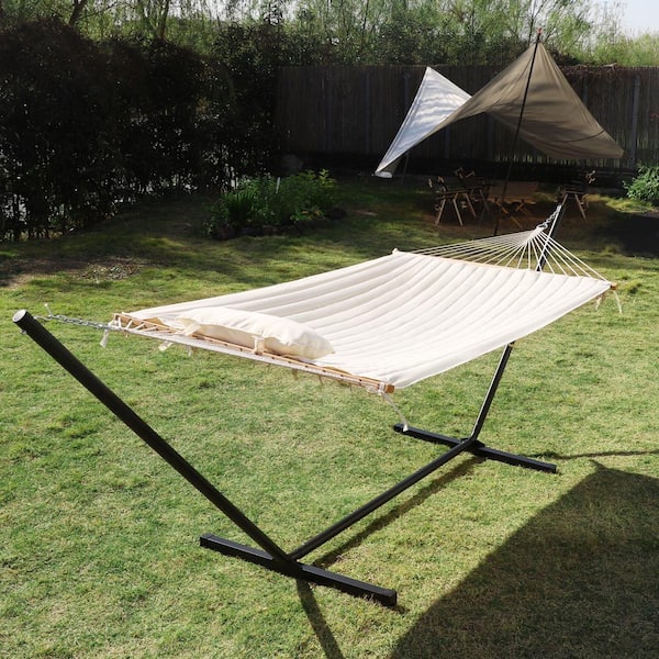 VEIKOUS 12 ft. Hammock with Stand for Outdoor, 2-Person Hammock with Detachable Pillow, Cream White
