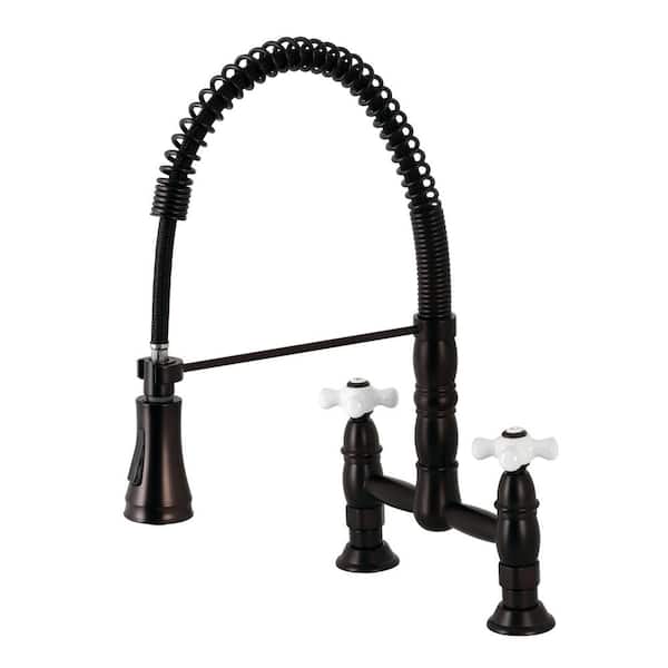 Kingston Brass Heritage 2-Handle Deck Mount Pull-Down Sprayer Kitchen Faucet in Oil Rubbed Bronze