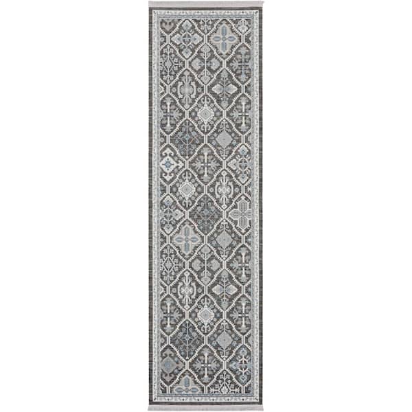 Nourison Lennox Charcoal/Ivory/Blue 2 ft. x 8 ft. Bordered Transitional Runner Area Rug