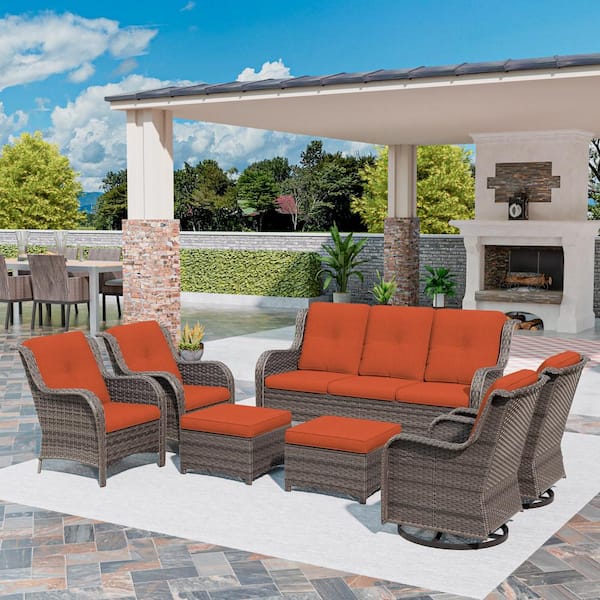 MeetLeisure Brown 7-Piece Wicker Outdoor Patio Conversation Set Sectional Sofa with Orange Cushions
