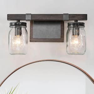 13 in. 2-Light Textured Brown Vanity Light with Industrial Clear Mason Jar Glass Shades and Faux Wood Accents