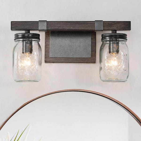 LNC 13 in. 2-Light Textured Brown Vanity Light with Industrial Clear Mason Jar Glass Shades and Faux Wood Accents