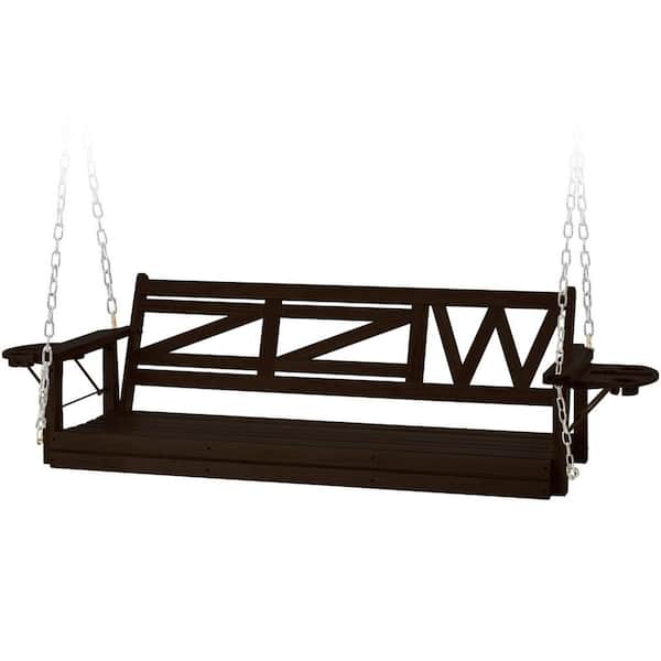 3-Person 800 lbs. Black Wood Outdoor Patio Heavy Duty Porch Swing with Hanging Chains and Upgraded Cupholders