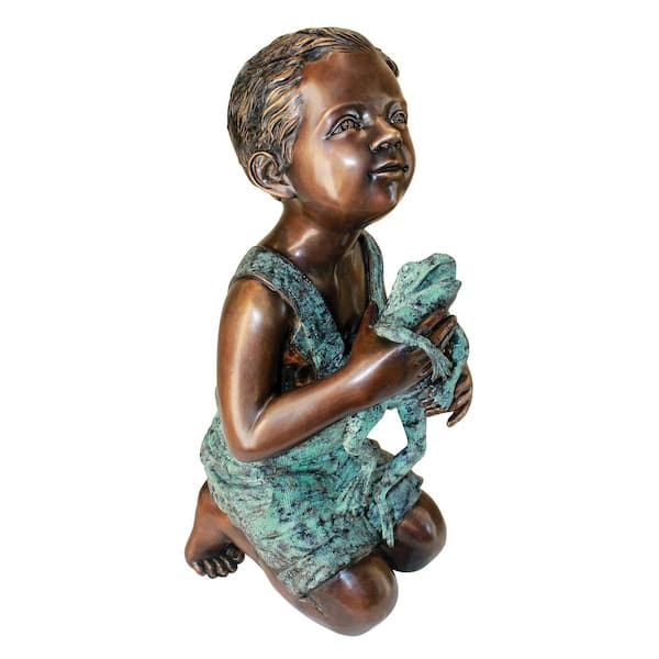 Design Toscano 22 in. H New Friend Boy with Frog Cast Bronze Garden Statue