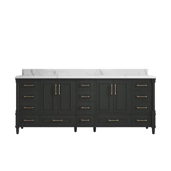 Willow Collections Hudson 84 in. Double Sink Freestanding Black Top Bath Vanity with Calacatta Laza Qt. Top Unassembled