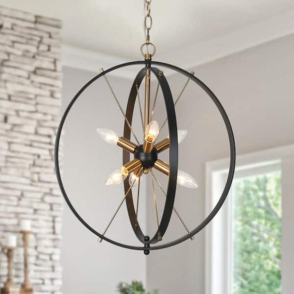18 in. Modern Farmhouse 6-Light Black Globe Caged Chandelier, Brass-Plated Sputnik Pendant Hanging Light for Dining Room