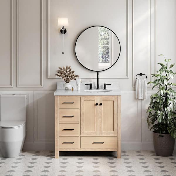 ARIEL Cambridge 37 in. W x 22 in. D x 36 in. H Single Freestanding Bath Vanity in Oak with Italian Carrara Marble Top
