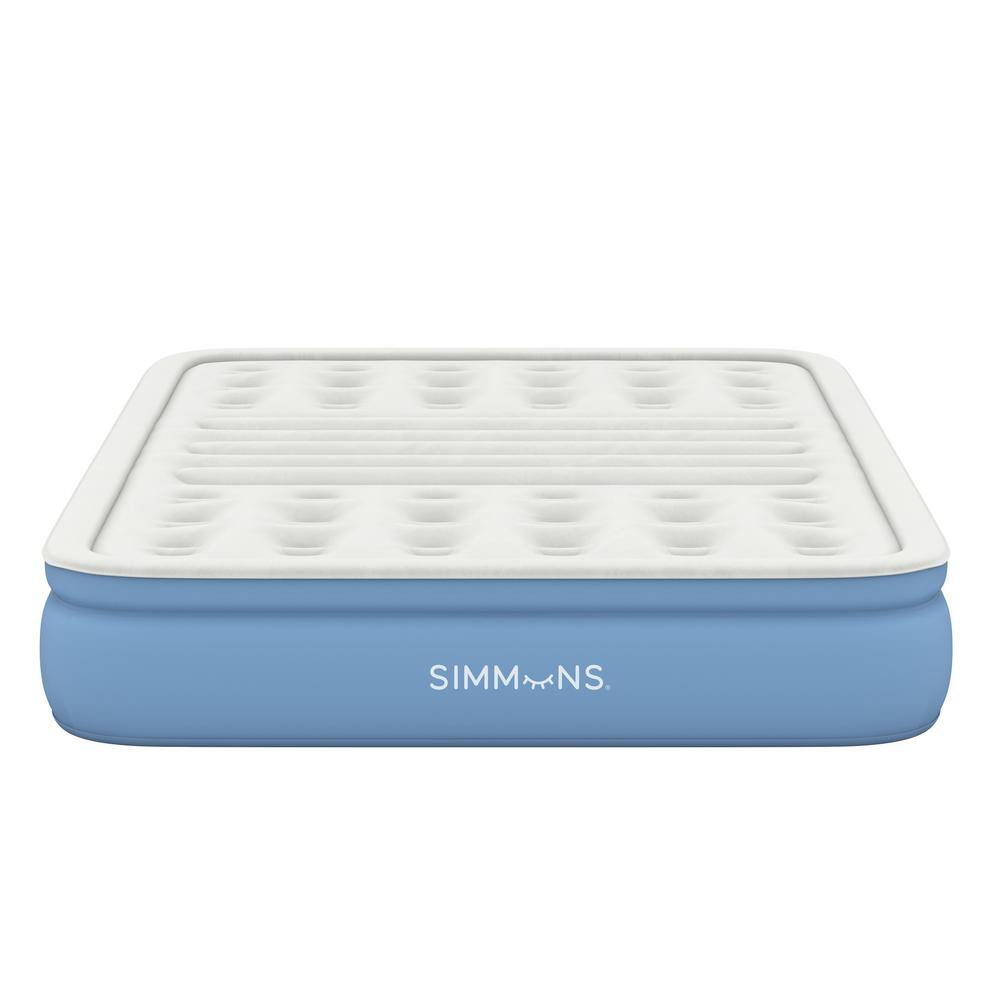 Queen White and Blue Raised Air Mattress with Built-in Pump