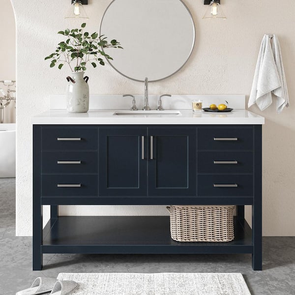 Magnolia 54 in. W x 22 in. D x 36 in. H Bath Vanity in Blue with Pure Quartz Vanity Top in White with White Basin