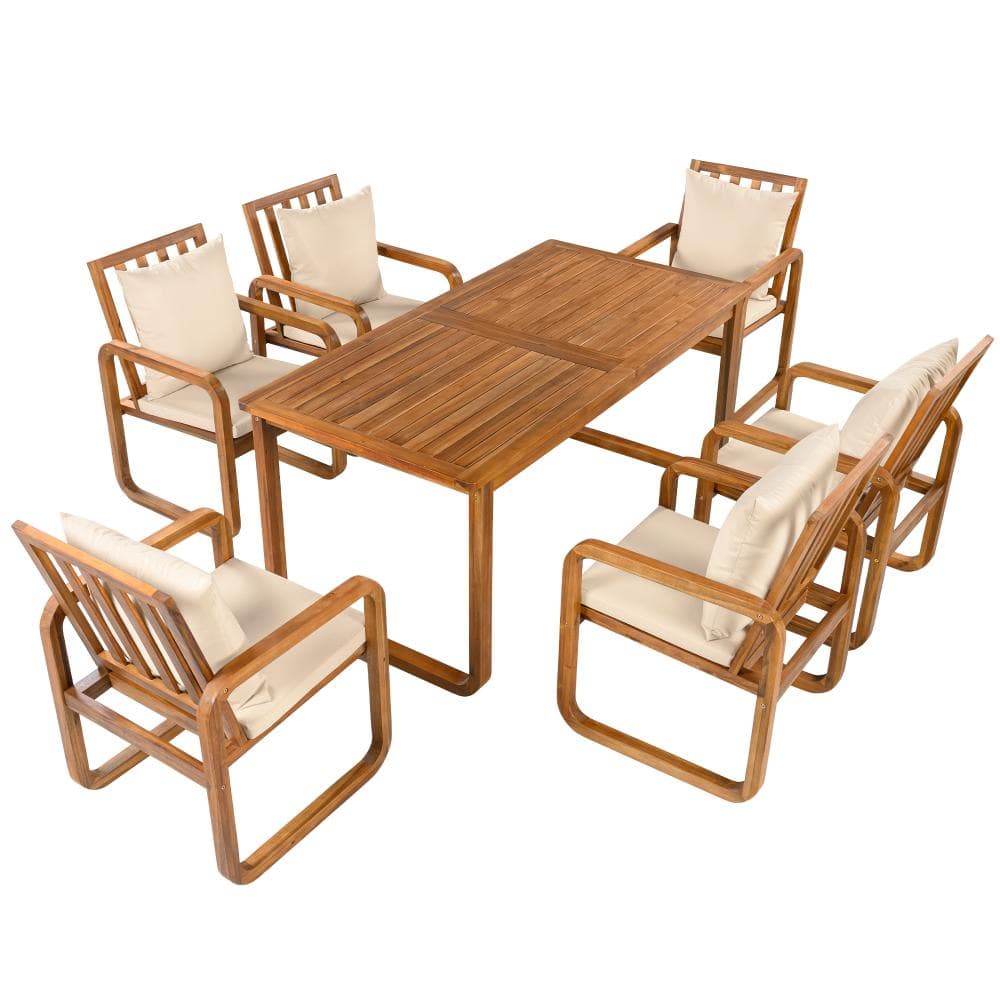 Brown 7 Piece Acacia Wood Outdoor  Dining Set with Beige Cushion for Patio price history on PriceWatchPro