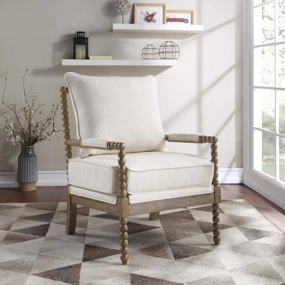 Beige Linen Spindle Accent Chair with Wood Frame