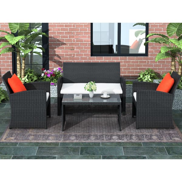 4 PCS Outdoor Patio PE Rattan Wicker Table Set Sofa Furniture with Cushion Black 