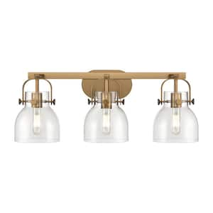 Pilaster II Bell 26.5 in. 3-Light Brushed Brass Vanity Light with Glass Shade