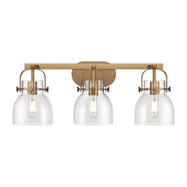 Pilaster II Bell 26.5 in. 3-Light Brushed Brass Vanity Light with Glass Shade