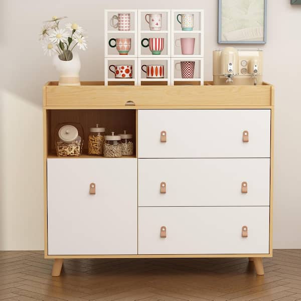4-Drawer Brown Wood 44.9 in. W Kids Low Dresser Storage Organizer Cabinet With Changing Table Open Shelf