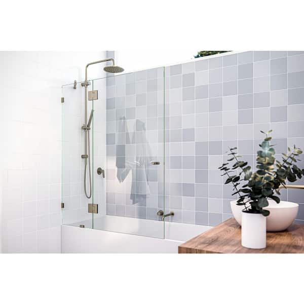 Halo 51 in. W x 58 in. H Glass Hinged Frameless Tub Door in Brushed Bronze with Clear Glass