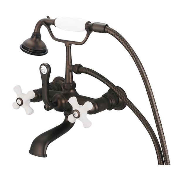 Water Creation 3-Handle Vintage Claw Foot Tub Faucet with Hand Shower and Porcelain Cross Handles in Oil Rubbed Bronze