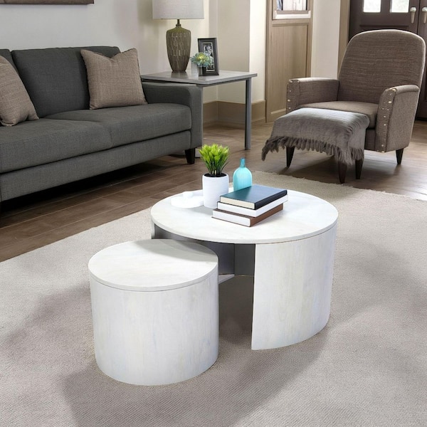 Carolina Chair & Table Sable 30 in. Whitewash Round Wood Nesting Coffee Table