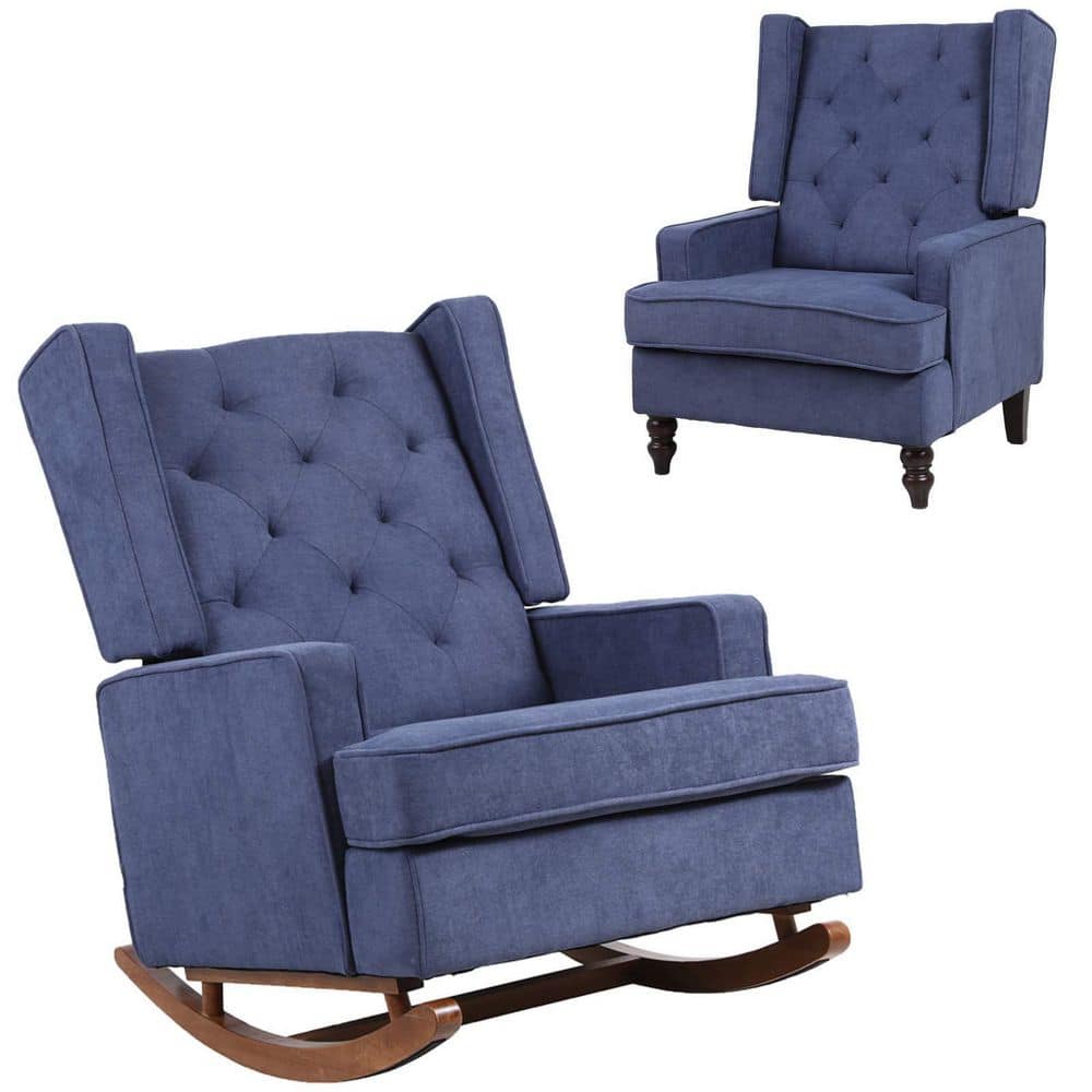 Blue Upholstered Mid Century Modern Rocker Oversized Wingback Rocking Armch