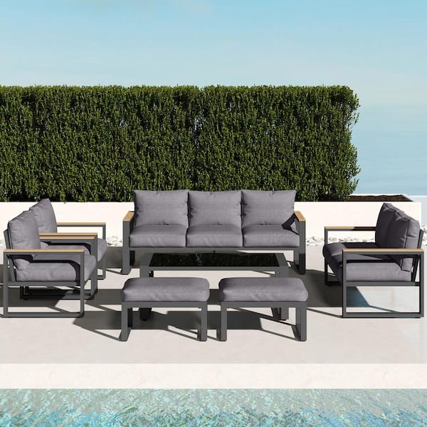 SUNVIVI 9-Person Aluminum Outdoor Patio Conversation Seating Set with Gray Cushions and Ottomans