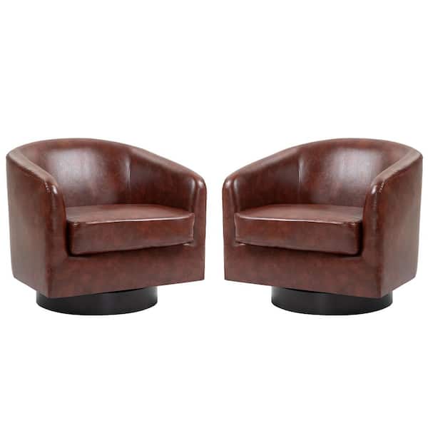 Uixe Red Brown PU Leather Upholstered 360° Swivel Accent Barrel Chair with Wood Frame (Set of 2)