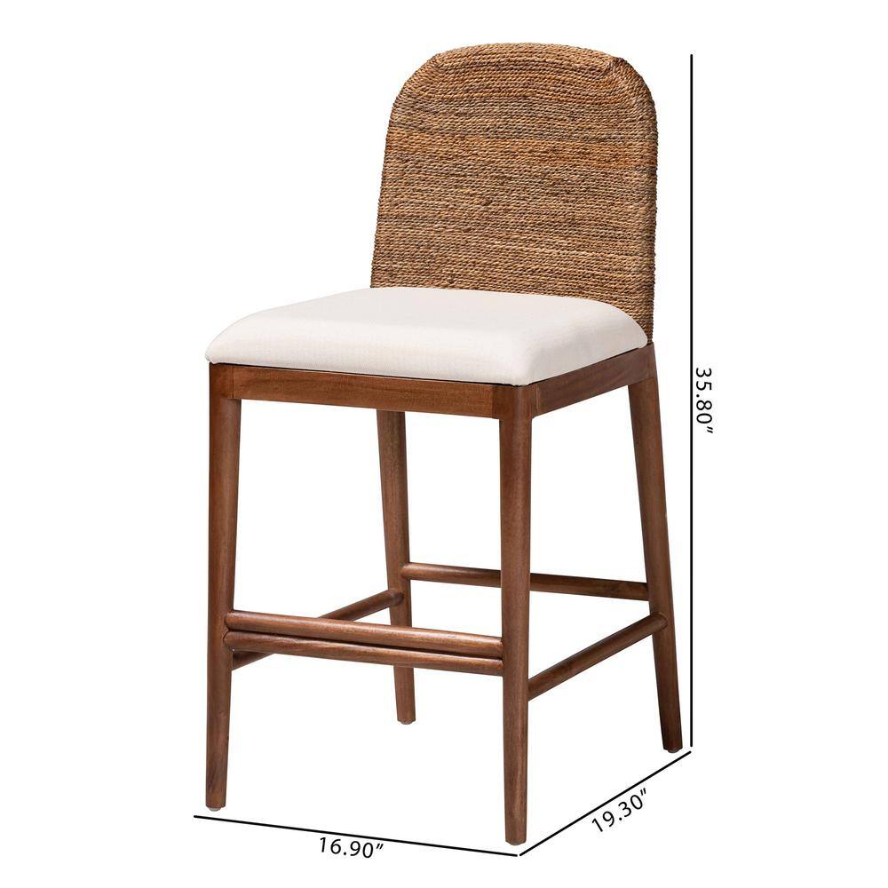 Nadim White Fabric and Acacia Wood Counter Stool with Seagrass Backrest