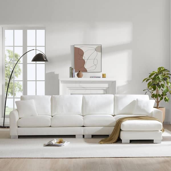 119 in. Chenille Sectional Sofa in White with 2 Pillow
