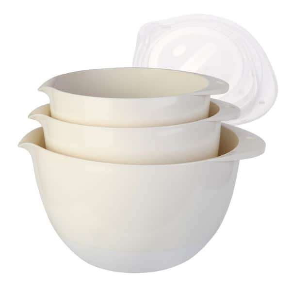 3-Piece Plastic Mixing Bowl Set White with Non-Slip Base Lids Easy Grip Handles Pour Spout Dishwasher Safe